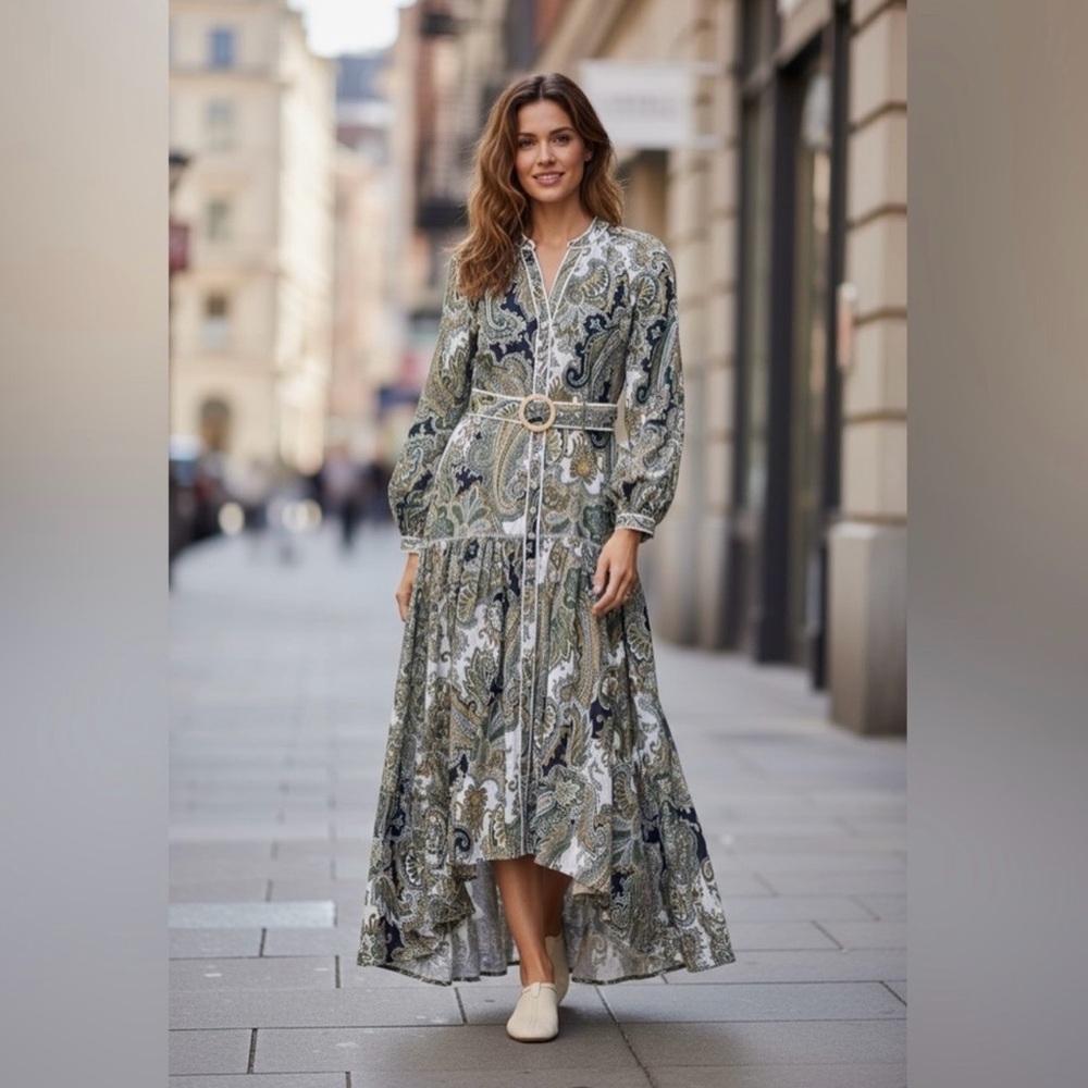 Veronica Beard High Low Paisley Dress in Green and Blue